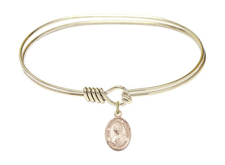 7 inch Oval Eye Hook Hamilton Gold Bangle Bracelet with a 14kt Gold Filled Saint Marcellin Champagnat charm. Engraved Catholic Saint Jewelry