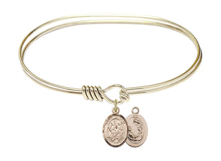 7 inch Oval Eye Hook Hamilton Gold Bangle Bracelet with a 14kt Gold Filled Saint Cecilia / Marching Band charm.