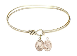 7 inch Oval Eye Hook Hamilton Gold Bangle Bracelet with a 14kt Gold Filled Saint Christopher / Fishing charm.