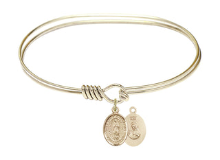 7 inch Oval Eye Hook Hamilton Gold Bangle Bracelet with a 14kt Gold Filled Our Lady of Guadalupe charm. Engraved Catholic Saint Jewelry