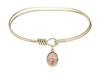 7 inch Oval Eye Hook Hamilton Gold Bangle Bracelet with a 14kt Gold Filled Saint Petronilla charm. Engraved Catholic Saint Jewelry