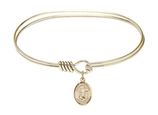 7 inch Oval Eye Hook Hamilton Gold Bangle Bracelet with a 14kt Gold Filled Saint Stephanie charm. Engraved Catholic Saint Jewelry