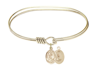7 inch Oval Eye Hook Hamilton Gold Bangle Bracelet with a 14kt Gold Filled Our Lady of Mount Carmel charm.