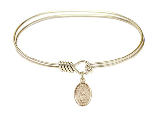 7 inch Oval Eye Hook Hamilton Gold Bangle Bracelet with a 14kt Gold Filled Our Lady of Victory charm. Engraved Catholic Saint Jewelry