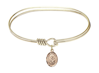 7 inch Oval Eye Hook Hamilton Gold Bangle Bracelet with a 14kt Gold Filled Saint Meinrad of Einsiedeln charm. Engraved Catholic Saint Jewelry