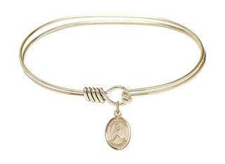 7 inch Oval Eye Hook Hamilton Gold Bangle Bracelet with a 14kt Gold Filled Saint Olivia charm. Engraved Catholic Saint Jewelry