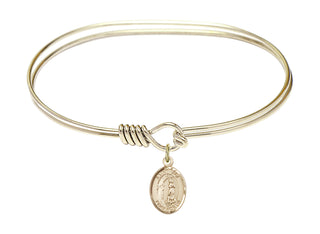 7 inch Oval Eye Hook Hamilton Gold Bangle Bracelet with a 14kt Gold Filled Saint Zoe of Rome charm. Engraved Catholic Saint Jewelry
