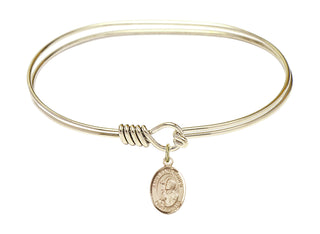 7 inch Oval Eye Hook Hamilton Gold Bangle Bracelet with a 14kt Gold Filled Saint Rene Goupil charm. Engraved Catholic Saint Jewelry