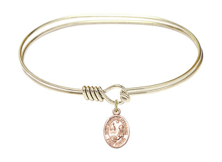 7 inch Oval Eye Hook Hamilton Gold Bangle Bracelet with a 14kt Gold Filled Saint Catherine of Bologna charm. Engraved Catholic Saint Jewelry
