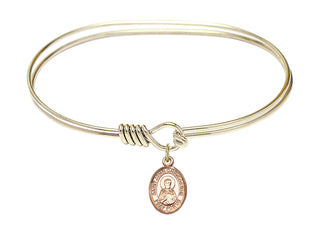 7 inch Oval Eye Hook Hamilton Gold Bangle Bracelet with a 14kt Gold Filled Saint John Chrysostom charm. Engraved Catholic Saint Jewelry