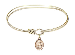 7 inch Oval Eye Hook Hamilton Gold Bangle Bracelet with a 14kt Gold Filled Saint Paula charm. Engraved Catholic Saint Jewelry