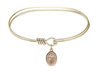 7 inch Oval Eye Hook Hamilton Gold Bangle Bracelet with a 14kt Gold Filled Divine Mercy charm.