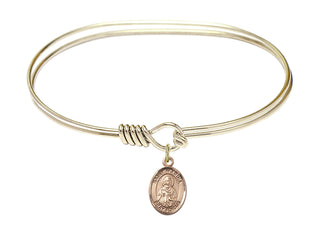 7 inch Oval Eye Hook Hamilton Gold Bangle Bracelet with a 14kt Gold Filled Saint Marina charm. Engraved Catholic Saint Jewelry