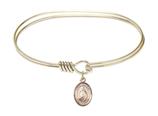 7 inch Oval Eye Hook Hamilton Gold Bangle Bracelet with a 14kt Gold Filled Saint Theodora charm. Engraved Catholic Saint Jewelry