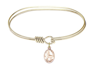 7 inch Oval Eye Hook Hamilton Gold Bangle Bracelet with a 14kt Gold Filled Blessed Emilee Doultremont charm. Engraved Catholic Saint Jewelry