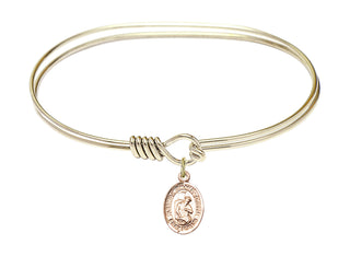 7 inch Oval Eye Hook Hamilton Gold Bangle Bracelet with a 14kt Gold Filled Blessed Herman the Cripple charm. Engraved Catholic Saint Jewelry