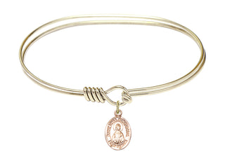 7 inch Oval Eye Hook Hamilton Gold Bangle Bracelet with a 14kt Gold Filled Saint Lydia Purpuraria charm. Engraved Catholic Saint Jewelry