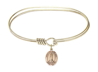 7 inch Oval Eye Hook Hamilton Gold Bangle Bracelet with a 14kt Gold Filled Our Lady of Kibeho charm. Engraved Catholic Saint Jewelry