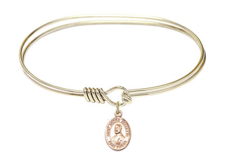 7 inch Oval Eye Hook Hamilton Gold Bangle Bracelet with a 14kt Gold Filled Saint Andre Bessette charm. Engraved Catholic Saint Jewelry