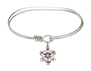 7 inch Oval Eye Hook Rhodium Bangle Bracelet with a Sterling Silver Chastity charm.