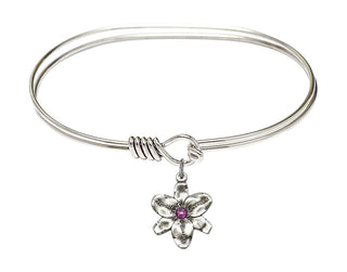 7 inch Oval Eye Hook Rhodium Bangle Bracelet with a Sterling Silver Chastity charm.