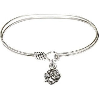 7 inch Oval Eye Hook Rhodium Bangle Bracelet with a Sterling Silver Rosebud charm.