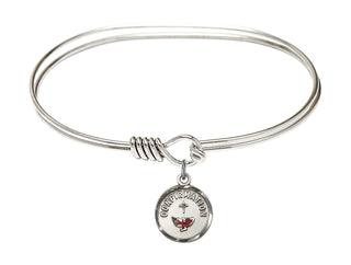 7 inch Oval Eye Hook Rhodium Bangle Bracelet with a Sterling Silver Confirmation charm. Engraved Catholic Saint Jewelry