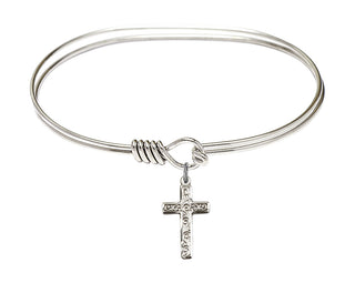 7 inch Oval Eye Hook Rhodium Bangle Bracelet with a Sterling Silver Cross charm.