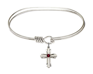 7 inch Oval Eye Hook Rhodium Bangle Bracelet with a Sterling Silver Cross charm.