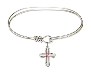 7 inch Oval Eye Hook Rhodium Bangle Bracelet with a Sterling Silver Cross charm.