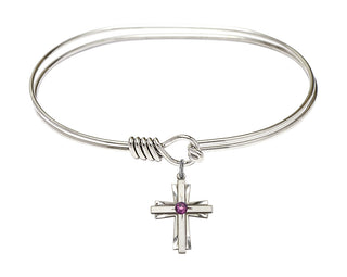 7 inch Oval Eye Hook Rhodium Bangle Bracelet with a Sterling Silver Cross charm.