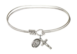 7 inch Oval Eye Hook Rhodium Bangle Bracelet with a Sterling Silver Crucifix charm.