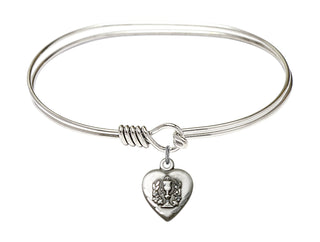 7 inch Oval Eye Hook Rhodium Bangle Bracelet with a Sterling Silver Heart / Communion charm.