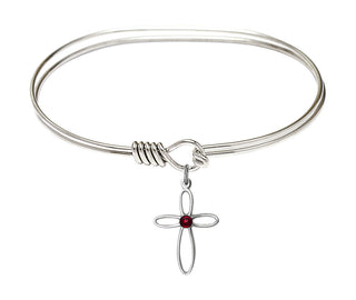 7 inch Oval Eye Hook Rhodium Bangle Bracelet with a Sterling Silver Loop Cross charm.