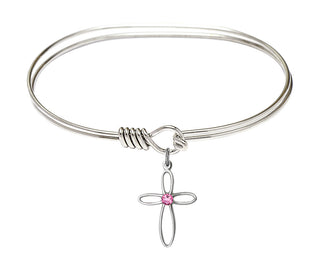 7 inch Oval Eye Hook Rhodium Bangle Bracelet with a Sterling Silver Loop Cross charm.