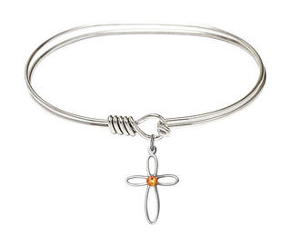 7 inch Oval Eye Hook Rhodium Bangle Bracelet with a Sterling Silver Loop Cross charm.