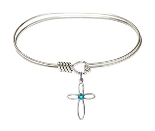 7 inch Oval Eye Hook Rhodium Bangle Bracelet with a Sterling Silver Loop Cross charm.