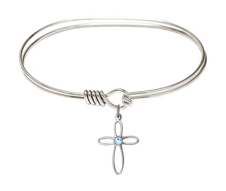 7 inch Oval Eye Hook Rhodium Bangle Bracelet with a Sterling Silver Loop Cross charm.