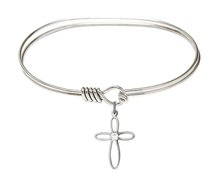 7 inch Oval Eye Hook Rhodium Bangle Bracelet with a Sterling Silver Loop Cross charm.