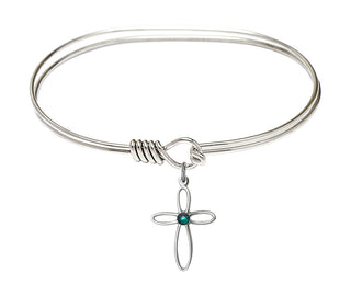 7 inch Oval Eye Hook Rhodium Bangle Bracelet with a Sterling Silver Loop Cross charm.