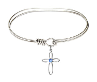 7 inch Oval Eye Hook Rhodium Bangle Bracelet with a Sterling Silver Loop Cross charm.