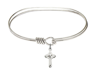 7 inch Oval Eye Hook Rhodium Bangle Bracelet with a Sterling Silver Cross charm.