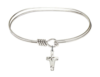 7 inch Oval Eye Hook Rhodium Bangle Bracelet with a Sterling Silver Cross charm.