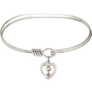 7 inch Oval Eye Hook Rhodium Bangle Bracelet with a Two-Tone SS/GF Heart / Chalice charm.