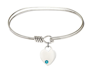 7 inch Oval Eye Hook Rhodium Bangle Bracelet with a Sterling Silver Heart charm. Engraved Catholic Saint Jewelry