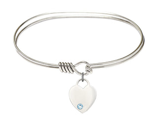 7 inch Oval Eye Hook Rhodium Bangle Bracelet with a Sterling Silver Heart charm. Engraved Catholic Saint Jewelry