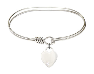 7 inch Oval Eye Hook Rhodium Bangle Bracelet with a Sterling Silver Heart charm. Engraved Catholic Saint Jewelry