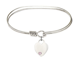 7 inch Oval Eye Hook Rhodium Bangle Bracelet with a Sterling Silver Heart charm. Engraved Catholic Saint Jewelry