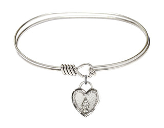 7 inch Oval Eye Hook Rhodium Bangle Bracelet with a Sterling Silver Miraculous Heart charm. Engraved Catholic Saint Jewelry