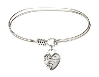 7 inch Oval Eye Hook Rhodium Bangle Bracelet with a Sterling Silver Guardian Angel Heart charm. Engraved Catholic Saint Jewelry